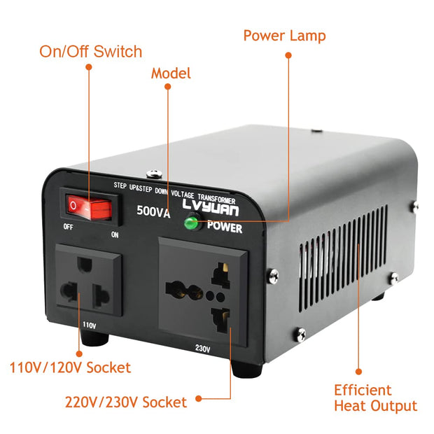 LVYUAN 500-Watt-Leistungswandler von 110 V Wechselstrom auf 220 V, Aufwärts- und Abwärtstransformator