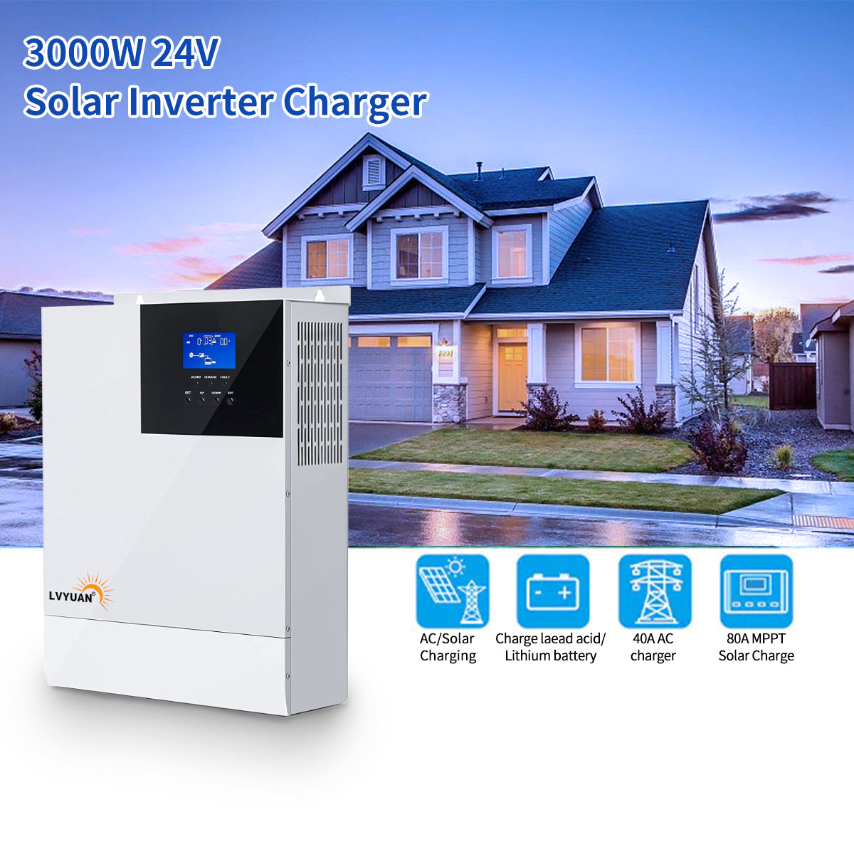 LVYUAN Onduleur de chargeur hybride solaire tout-en-un intégré 3000 W 24 V à onde sinusoïdale pure et contrôleur solaire MPPT 80 A pour système hors réseau 