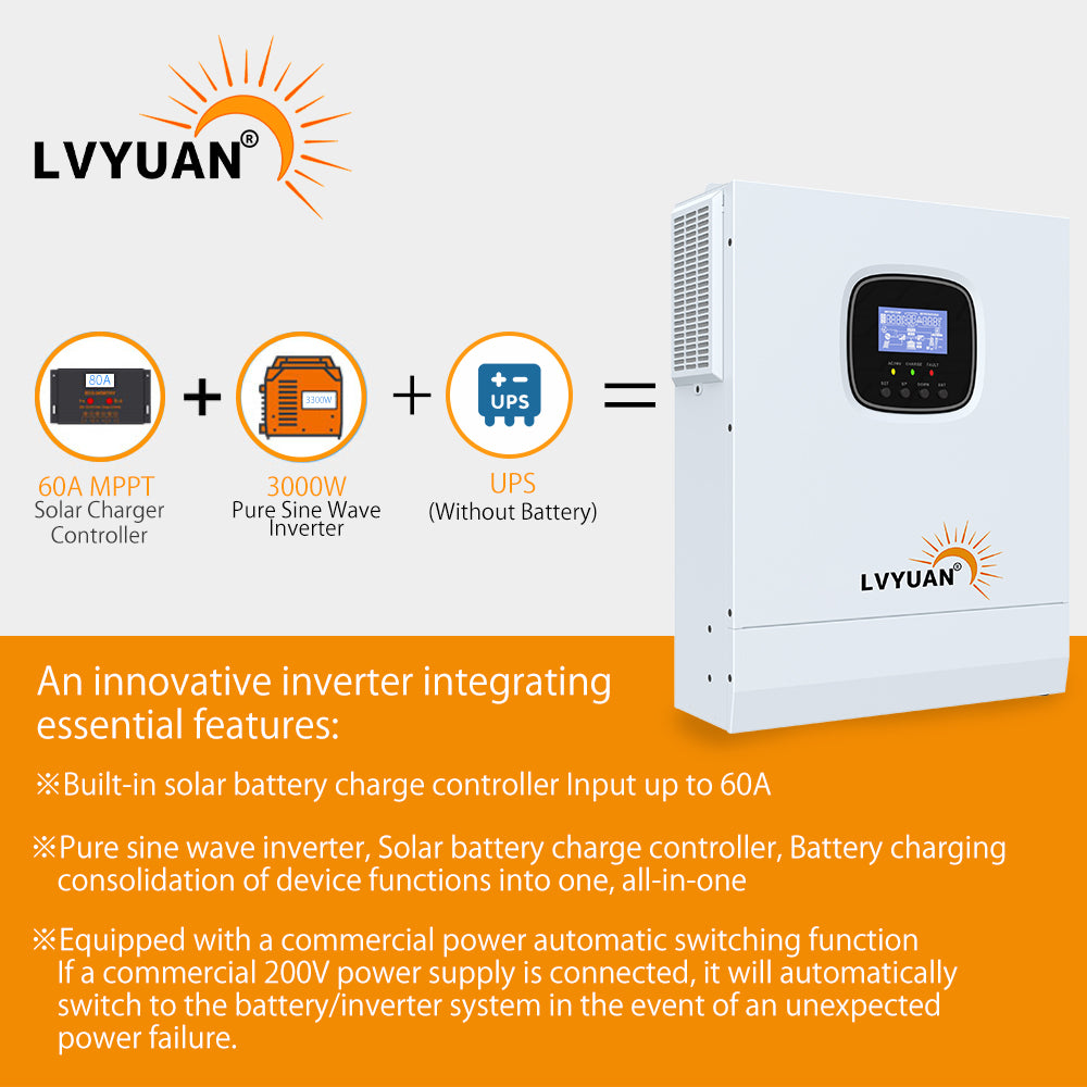 LVYUAN Onduleur de chargeur hybride solaire tout-en-un intégré 3000 W 24 V à onde sinusoïdale pure et contrôleur solaire MPPT 60 A pour système hors réseau 