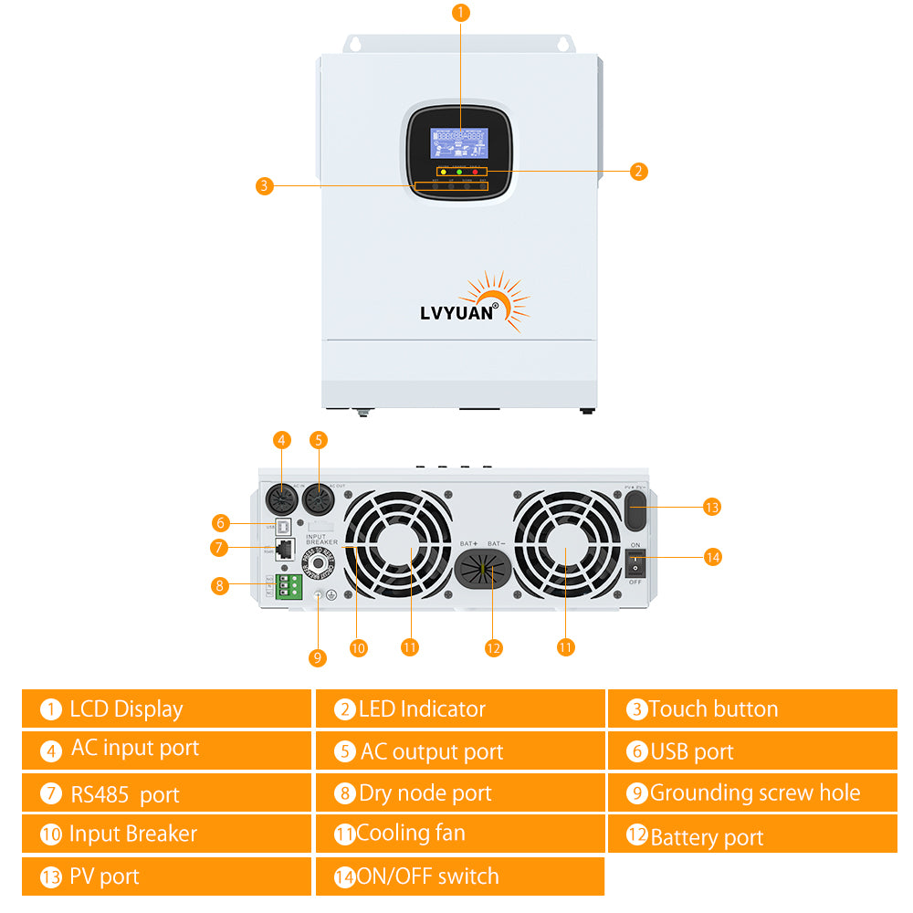 LVYUAN Onduleur de chargeur hybride solaire tout-en-un intégré 3000 W 24 V à onde sinusoïdale pure et contrôleur solaire MPPT 60 A pour système hors réseau 