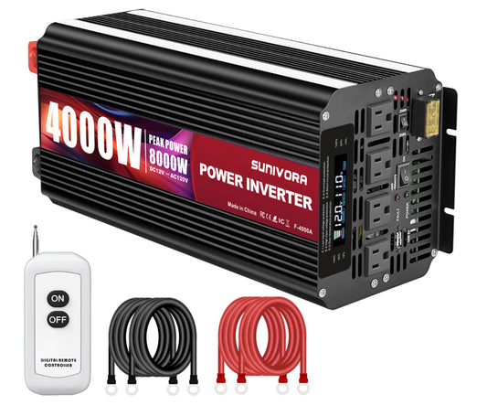 Sunivora Onduleur de puissance 4000 W 12 V à 110 V avec 4 prises CA, écran LCD, télécommande sans fil, chargeur USB, onduleur de voiture pour voiture, camping-car, camion, système solaire hors réseau, camping 