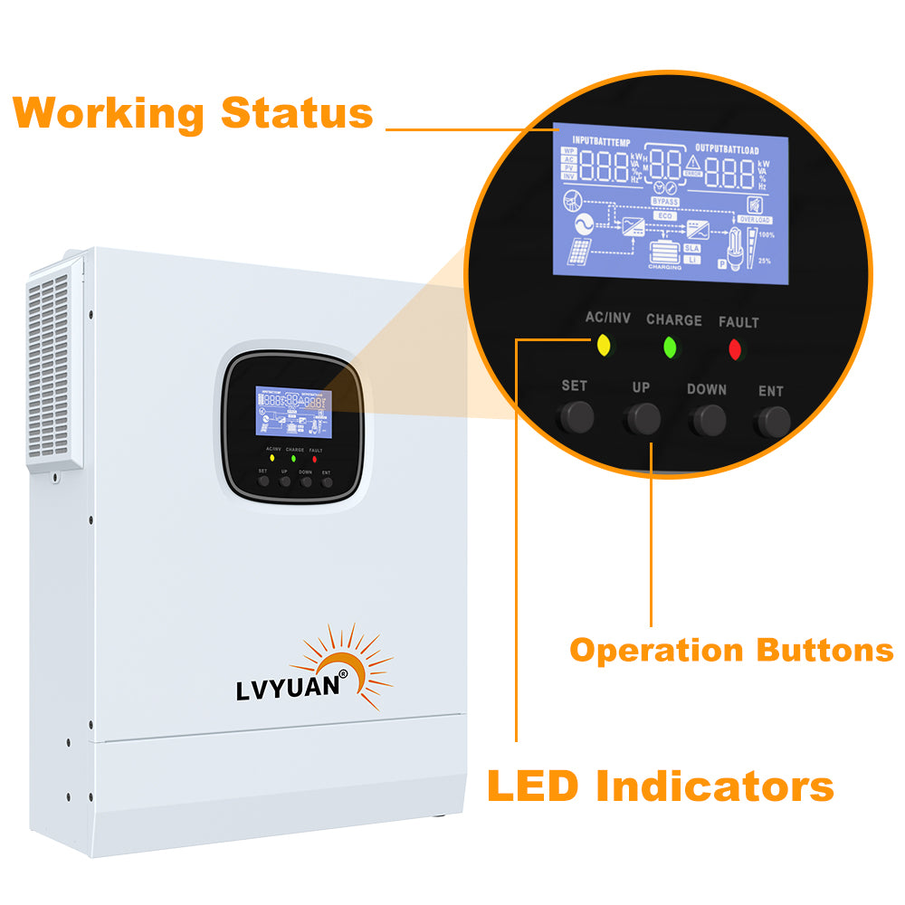 LVYUAN Onduleur de chargeur hybride solaire tout-en-un intégré 3000 W 24 V à onde sinusoïdale pure et contrôleur solaire MPPT 60 A pour système hors réseau 