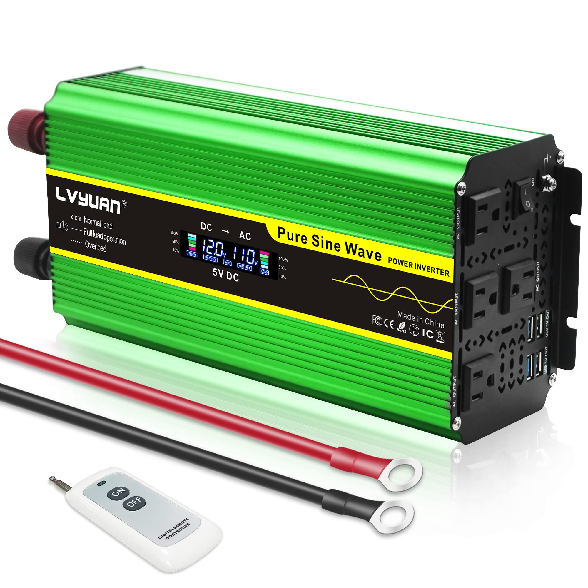 LVYUAN Onduleur à onde sinusoïdale pure 2000 W 12 V à 110 V DC vers AC avec télécommande, écran LCD, 4 prises AC et 4 ports USB Vert