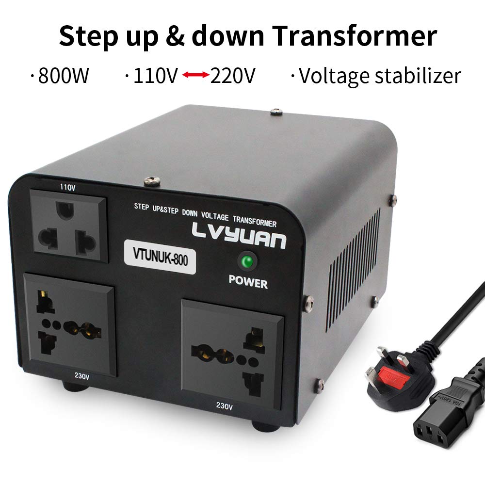 LVYUAN 800VA 220 V ⇄ 110 V Aufwärts- und Abwärtsspannungstransformator, UK nach USA und USA nach UK, duale 110-V- und 220-V-Steckdosen