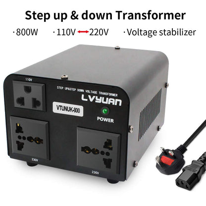 LVYUAN 800VA 220V ⇄ 110V CONVERTISSEUR DE TRANSFORMATEUR DE TENSION ASCENSEUR ET DESCENDANT ROYAUME-UNI VERS US ET US VERS ROYAUME-UNI DOUBLE PRISES 110V ET 220V