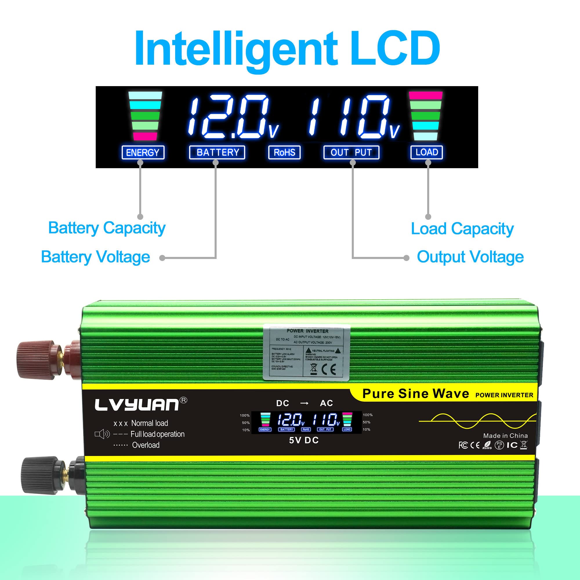 LVYUAN Onduleur à onde sinusoïdale pure 2000 W 12 V à 110 V DC vers AC avec télécommande, écran LCD, 4 prises AC et 4 ports USB Vert