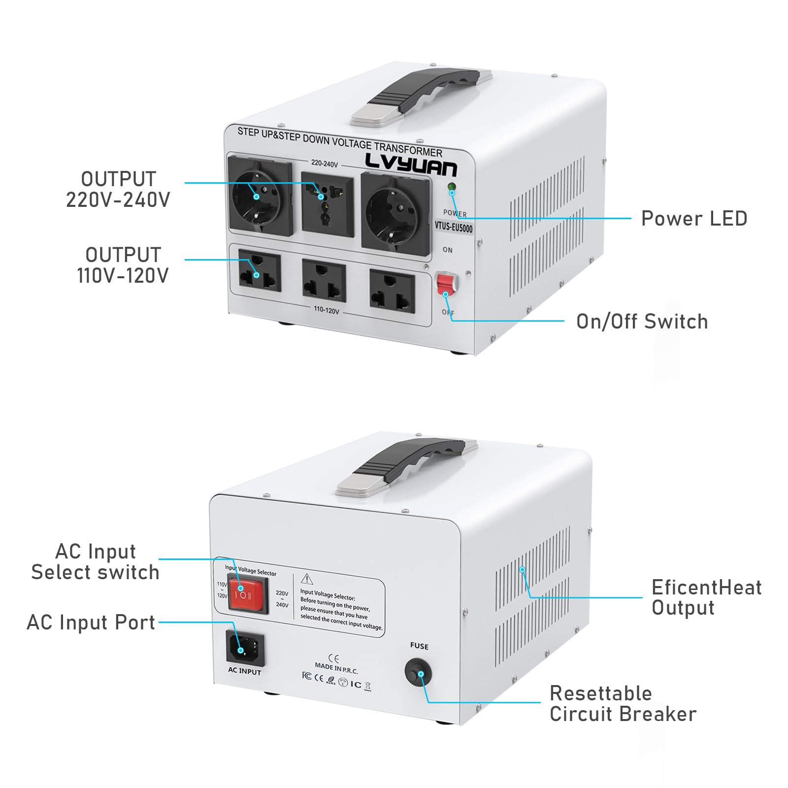 LVYUAN 3000 W Spannungswandler Stromwandler Step Up 110 V auf 220 V, Step Down 220 V auf 110 V, 110/120 Volt – 220/240 Volt