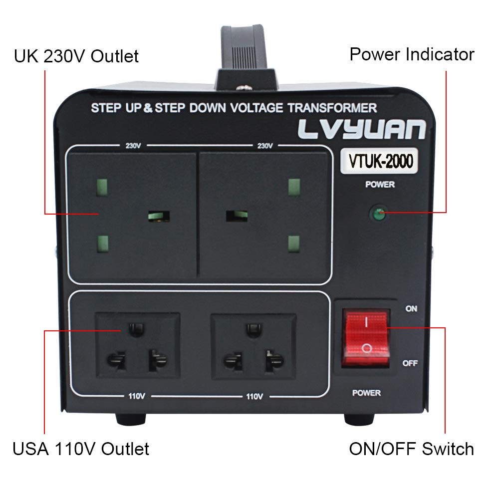 LVYUAN-SPANNUNGSKONVERTER 2000 W STEP UP STEP DOWN UK-US-TRANSFORMATOR MIT 2 US- und 2 UK-Steckdosen für 220 V-110 V und 110 V-220 V