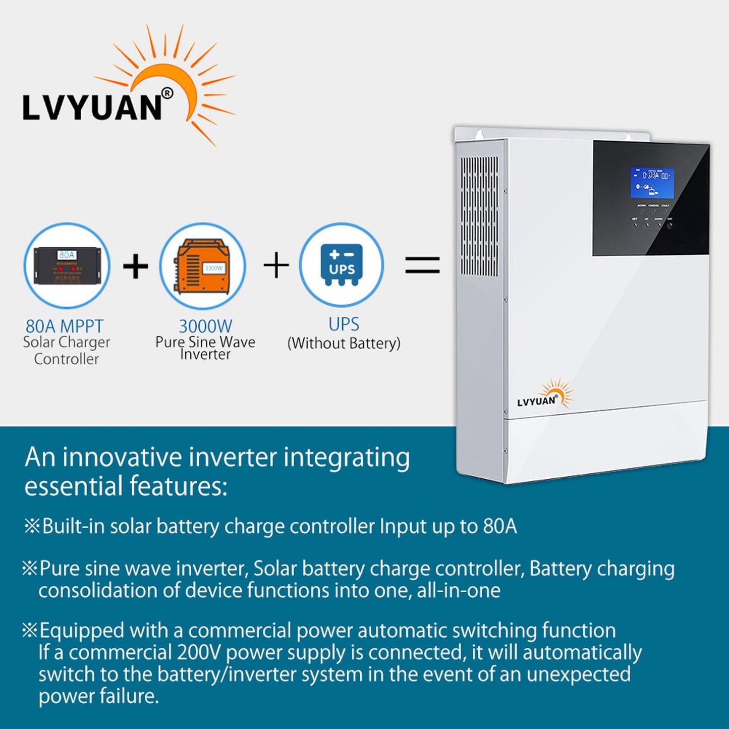 LVYUAN All-in-One-Solar-Hybrid-Ladegerät-Wechselrichter mit integriertem 3000-W-24-V-Rein-Sinus-Wechselrichter und 80-A-MPPT-Solarregler für netzunabhängige Systeme