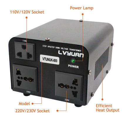 LVYUAN 800VA 220V ⇄ 110V CONVERTISSEUR DE TRANSFORMATEUR DE TENSION ASCENSEUR ET DESCENDANT ROYAUME-UNI VERS US ET US VERS ROYAUME-UNI DOUBLE PRISES 110V ET 220V