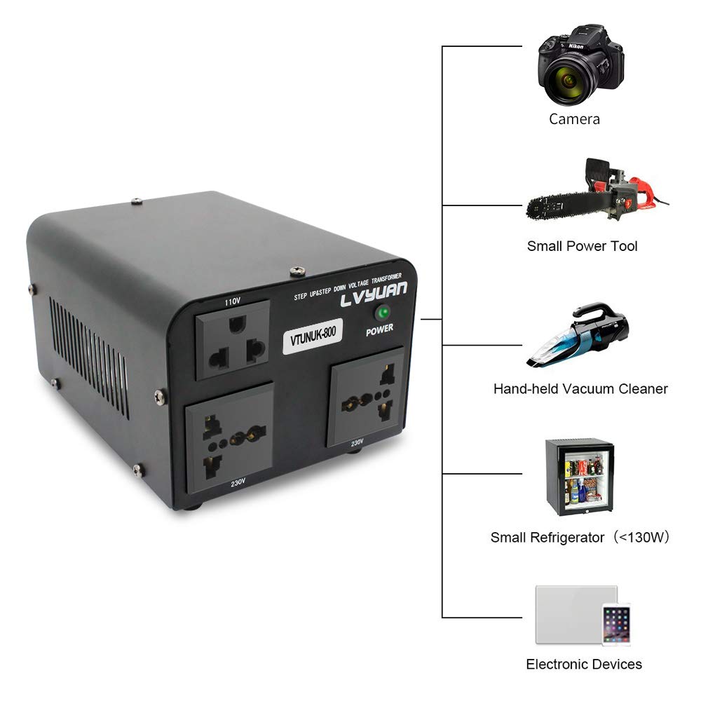 LVYUAN 800VA 220V ⇄ 110V CONVERTISSEUR DE TRANSFORMATEUR DE TENSION ASCENSEUR ET DESCENDANT ROYAUME-UNI VERS US ET US VERS ROYAUME-UNI DOUBLE PRISES 110V ET 220V