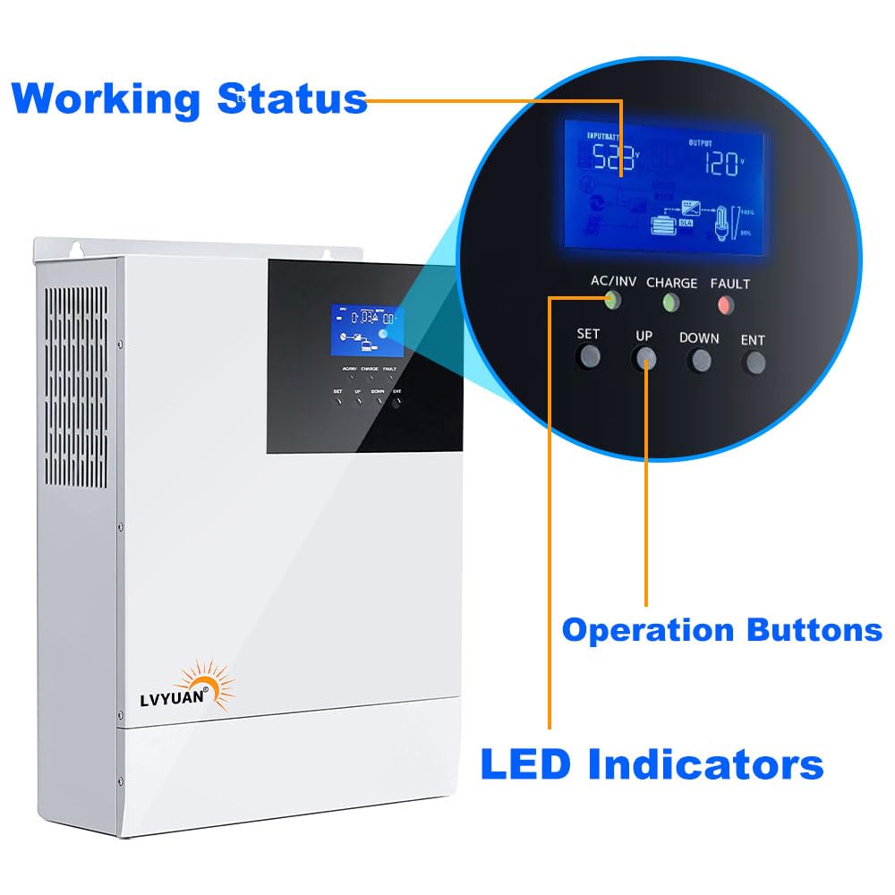 LVYUAN All-in-One-Solar-Hybrid-Ladegerät-Wechselrichter mit integriertem 3000-W-24-V-Rein-Sinus-Wechselrichter und 80-A-MPPT-Solarregler für netzunabhängige Systeme