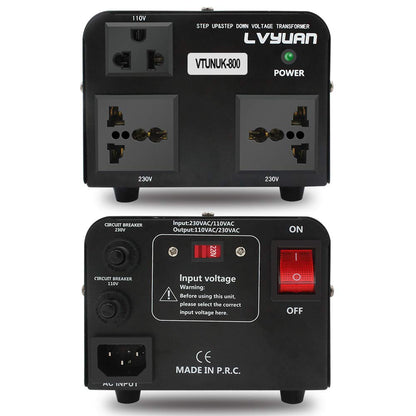 LVYUAN 800VA 220V ⇄ 110V CONVERTISSEUR DE TRANSFORMATEUR DE TENSION ASCENSEUR ET DESCENDANT ROYAUME-UNI VERS US ET US VERS ROYAUME-UNI DOUBLE PRISES 110V ET 220V