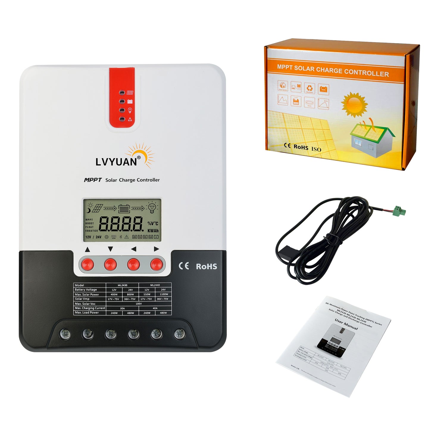 LVYUAN Contrôleur de charge solaire MPPT 40 A 12 V/24 V DC avec paramètres automatiques, écran LCD réglable, régulateur de panneau solaire adapté pour batteries inondées et au lithium scellées au gel