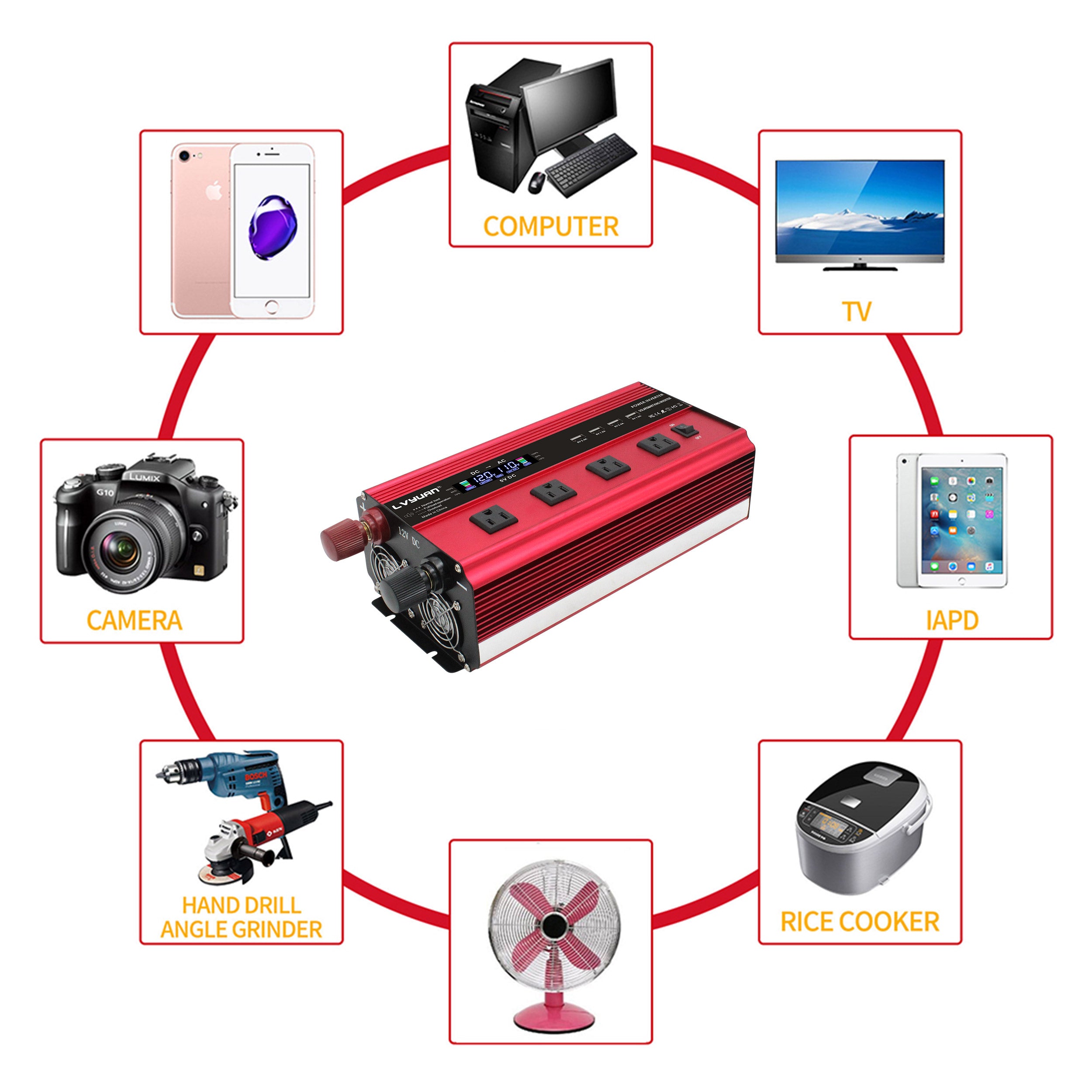 LVYUAN 2000W Wechselrichter DC 12V bis 110V AC mit LCD-Display DC-zu-AC-Auto-Wechselrichter