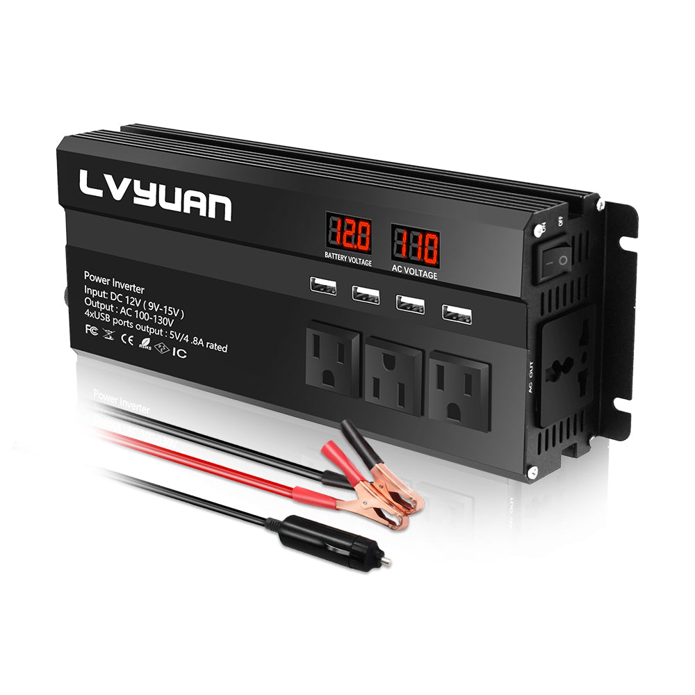 LVYUAN 1000 W Wechselrichter DC 12 V auf AC 110 V mit LCD-Display (schwarz) DC-zu-AC-Konverter