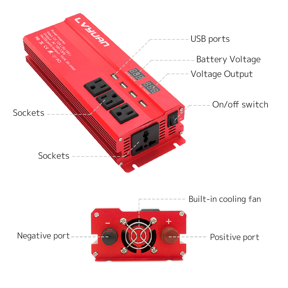 Onduleur 1000W DC 12V à AC 110V avec écran LCD