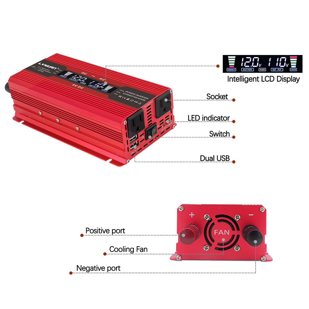 1000-W-Wechselrichter DC 12 V zu AC 110 V mit LCD-Display DC-zu-AC-Konverter