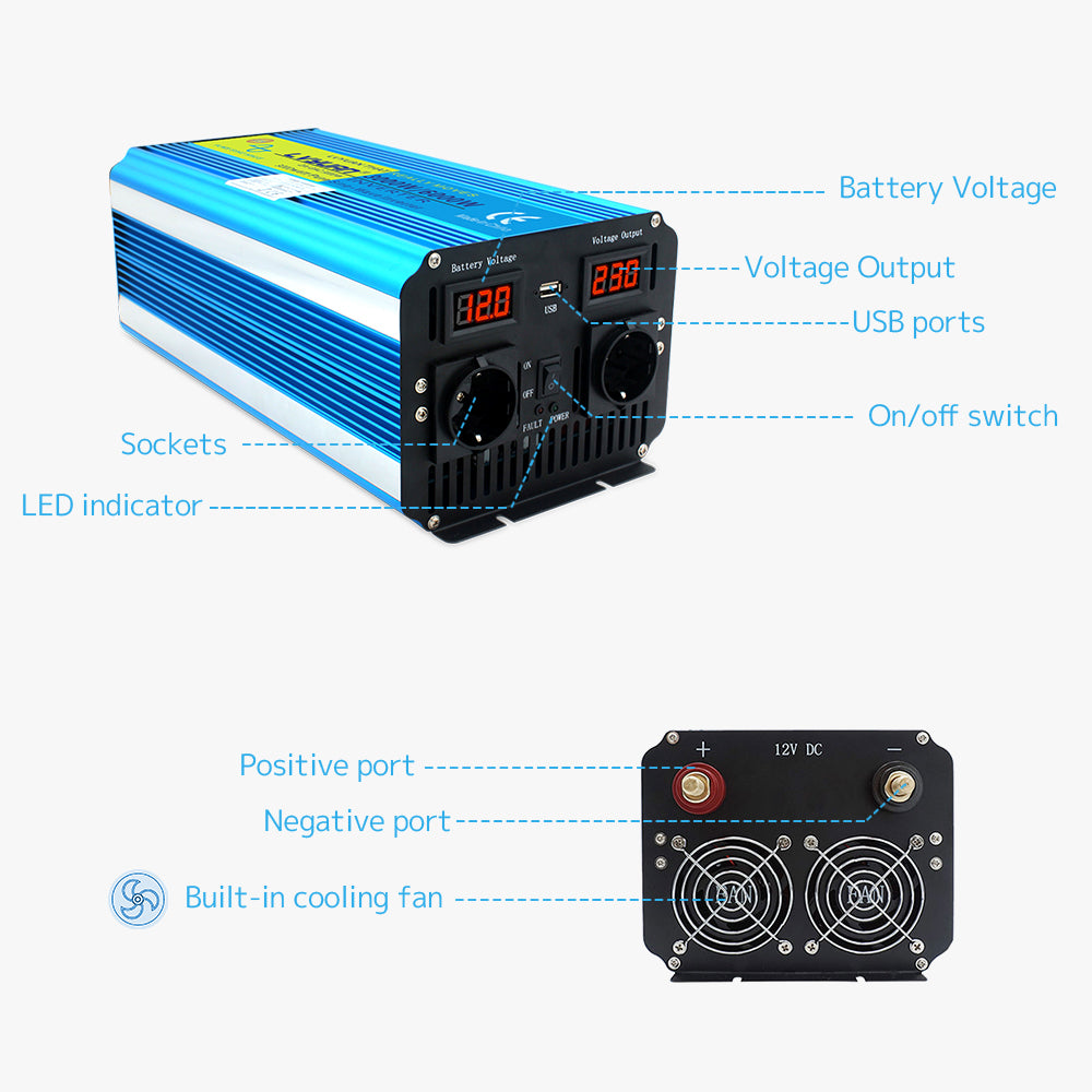 Onduleur à onde sinusoïdale pure 3000W DC 12V à AC 230V avec écran LCD avec télécommande