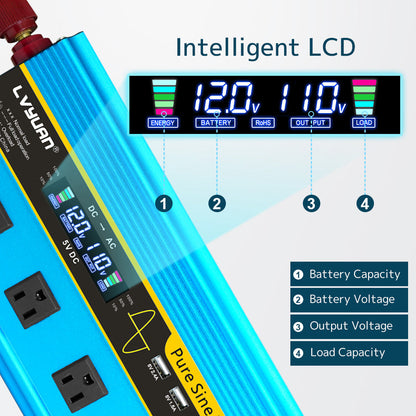 LVYUAN 2500 W reiner Sinuswellen-Wechselrichter DC 24 V auf AC 110 V mit Fernbedienung mit LCD-Display, DC-zu-AC-Konverter