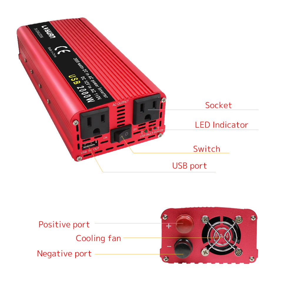 LVYUAN DC-zu-AC-Konverter 1000 W Wechselrichter DC 12 V auf 110 V AC