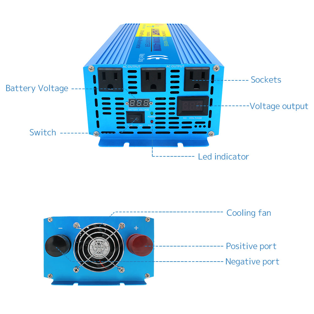 Onduleur à onde sinusoïdale pure 2000W DC 12V à AC 110V avec écran LCD avec 3 prises AC