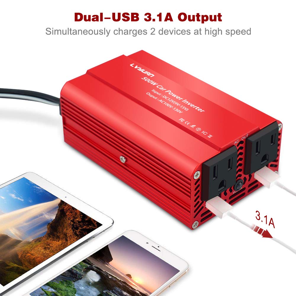 LVYUAN Onduleur de puissance 500 W DC 12 V à 110 V AC pour voiture avec adaptateur de voiture double USB 3,1 A 