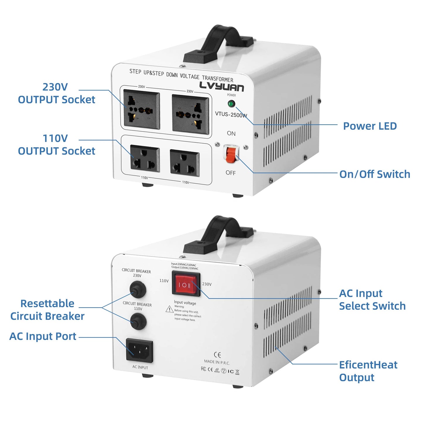 LVYUAN Transformateur de tension 2500 W élévateur de 110 V à 220 V, convertisseur de tension abaisseur de 220 V à 110 V 