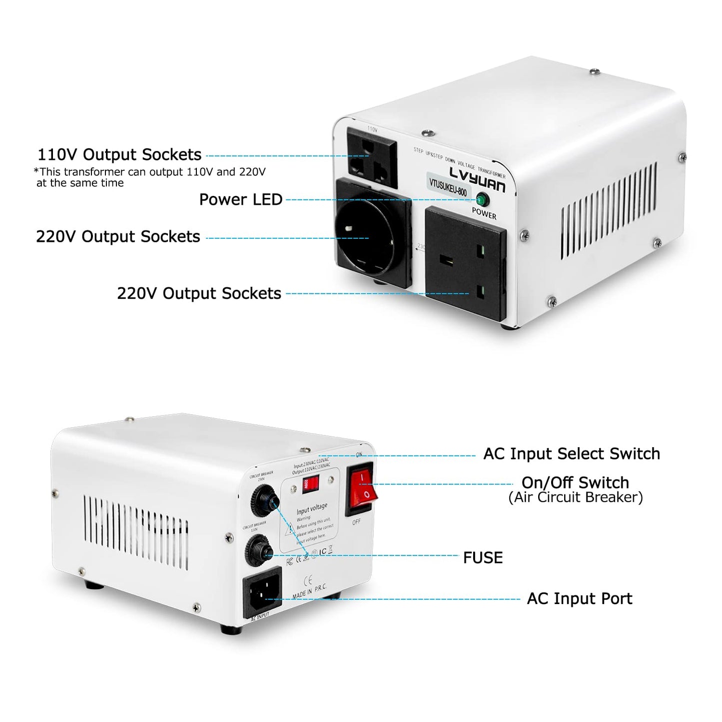 LVYUAN 800 Watt Step-Up/Down-Konvertierung von 110–120 Volt auf 220–240 Volt und von 220–240 Volt auf 110–120 Volt mit Netzkabeln aus den USA, Großbritannien und Europa