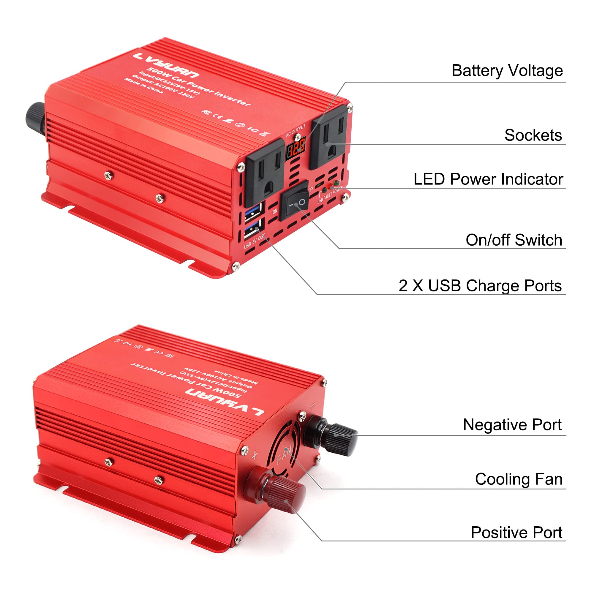 LVYUAN 500 W Auto-Wechselrichter DC 12 V auf AC 110 V mit zwei AC-Ausgängen, 3,1 A USB-Anschlüssen und LED-Anzeige für Laptop, Smartphone