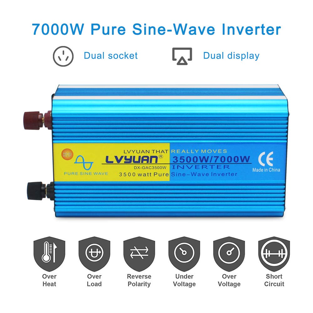 LVYUAN Reiner Sinus-Wechselrichter, 3500 W, Wechselrichter 12 V bis 220 V DC zu AC mit LED-Anzeige, Fernbedienung für LKW, Wohnmobil, Heim-Solarsystem